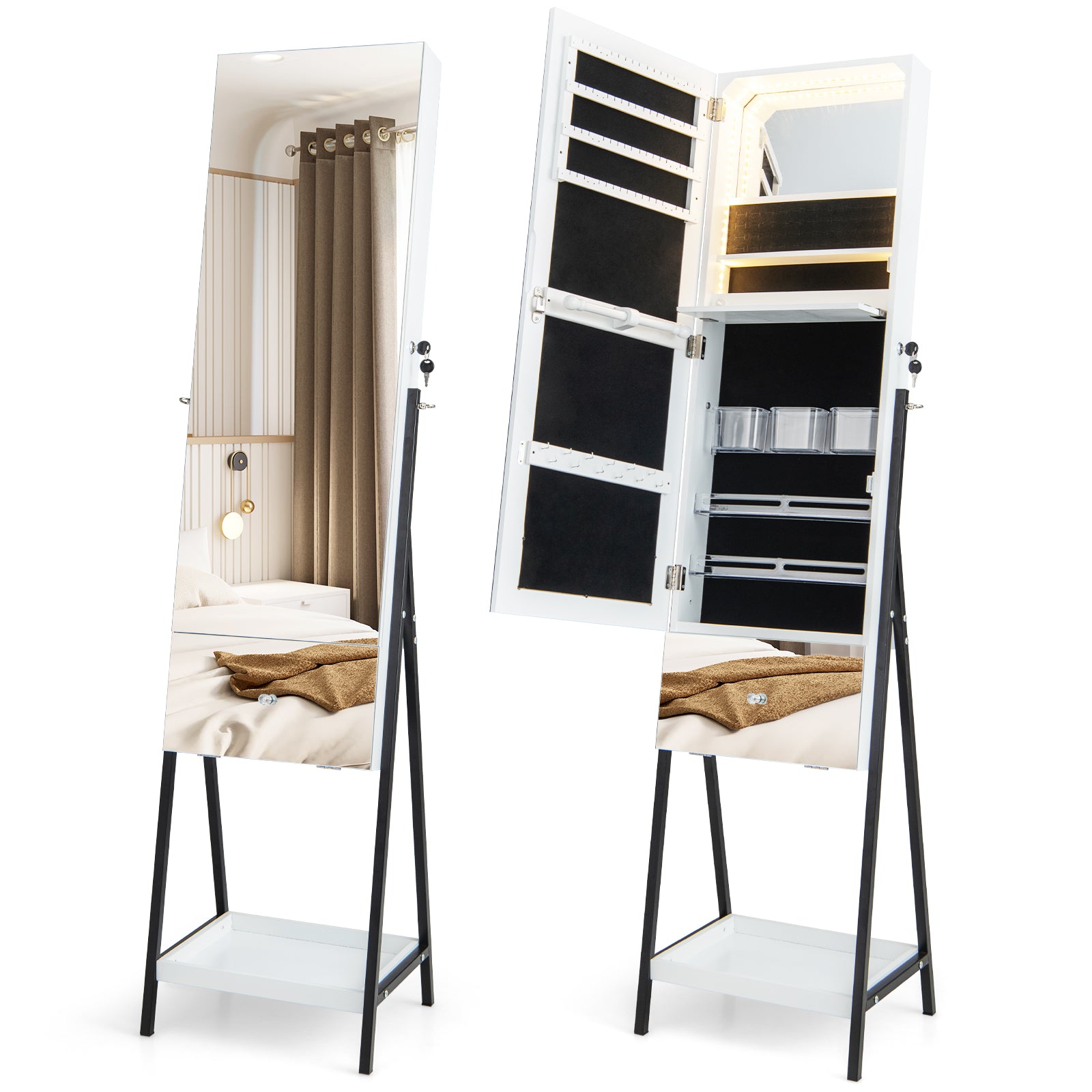 Lockable Freestanding Jewelry Cabinet Armoire with Full-Length Frameless Mirror-White