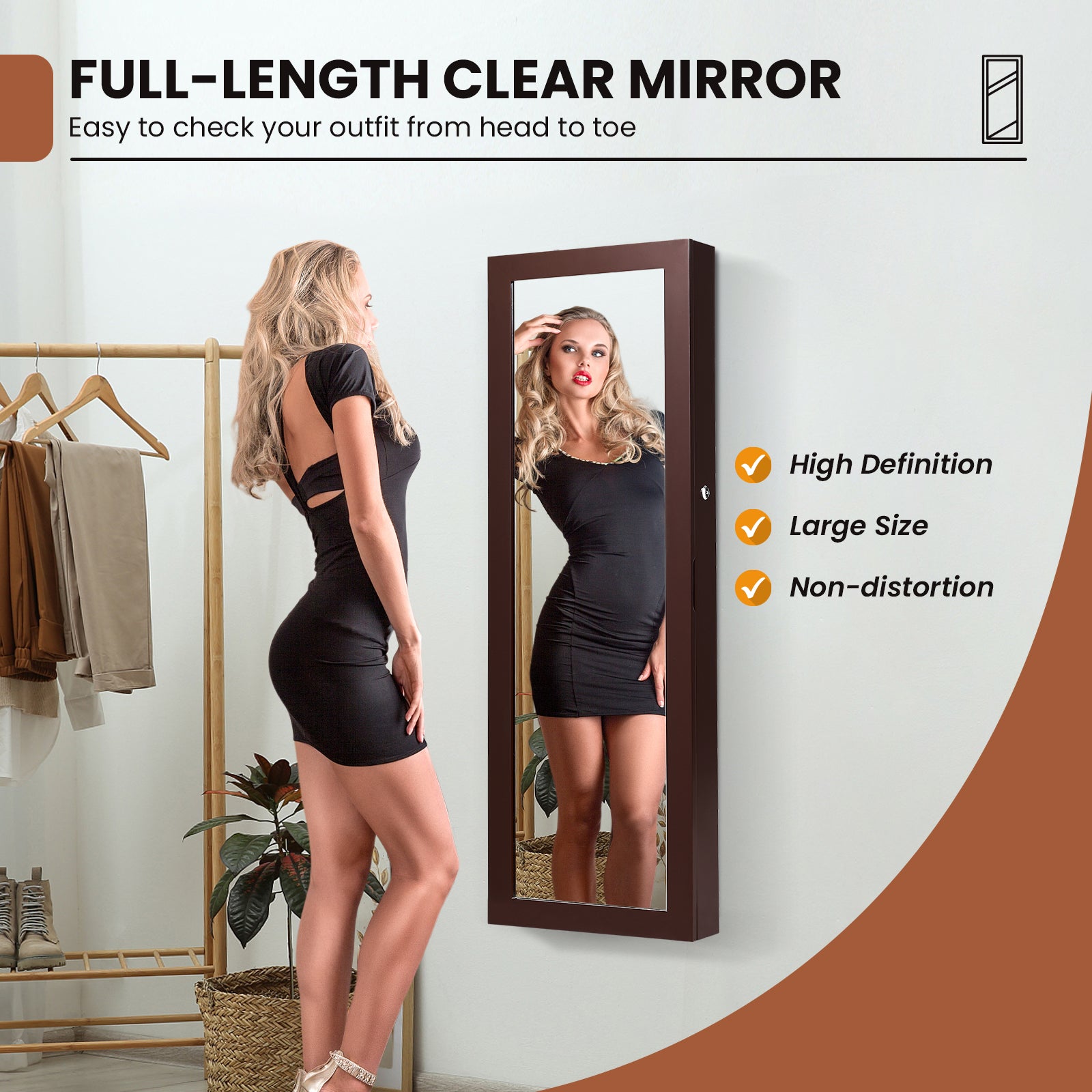 Lockable Jewelry Cabinet with Full Length Mirror and LED Lights-Brown