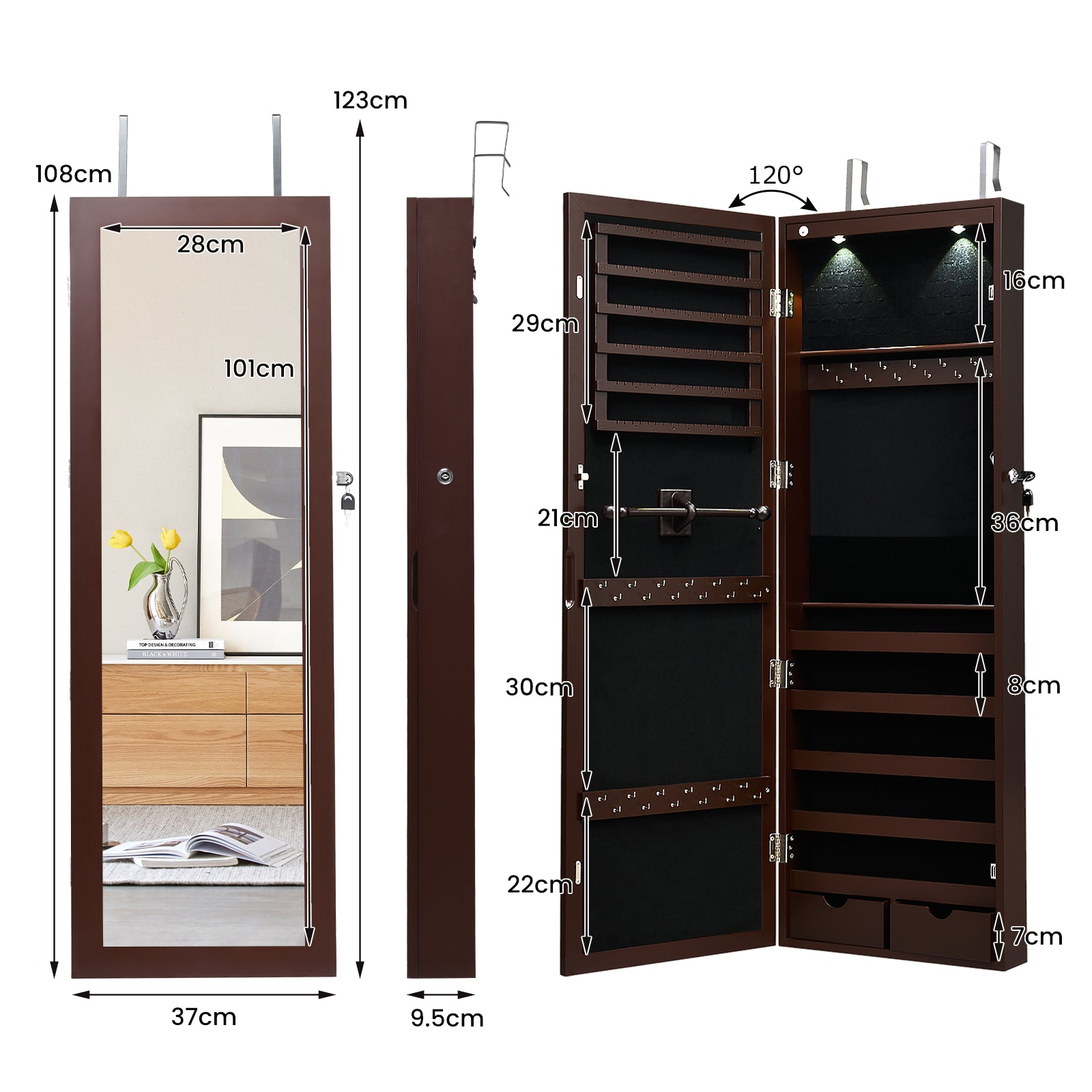 Lockable Jewelry Cabinet with Full Length Mirror and LED Lights-Brown