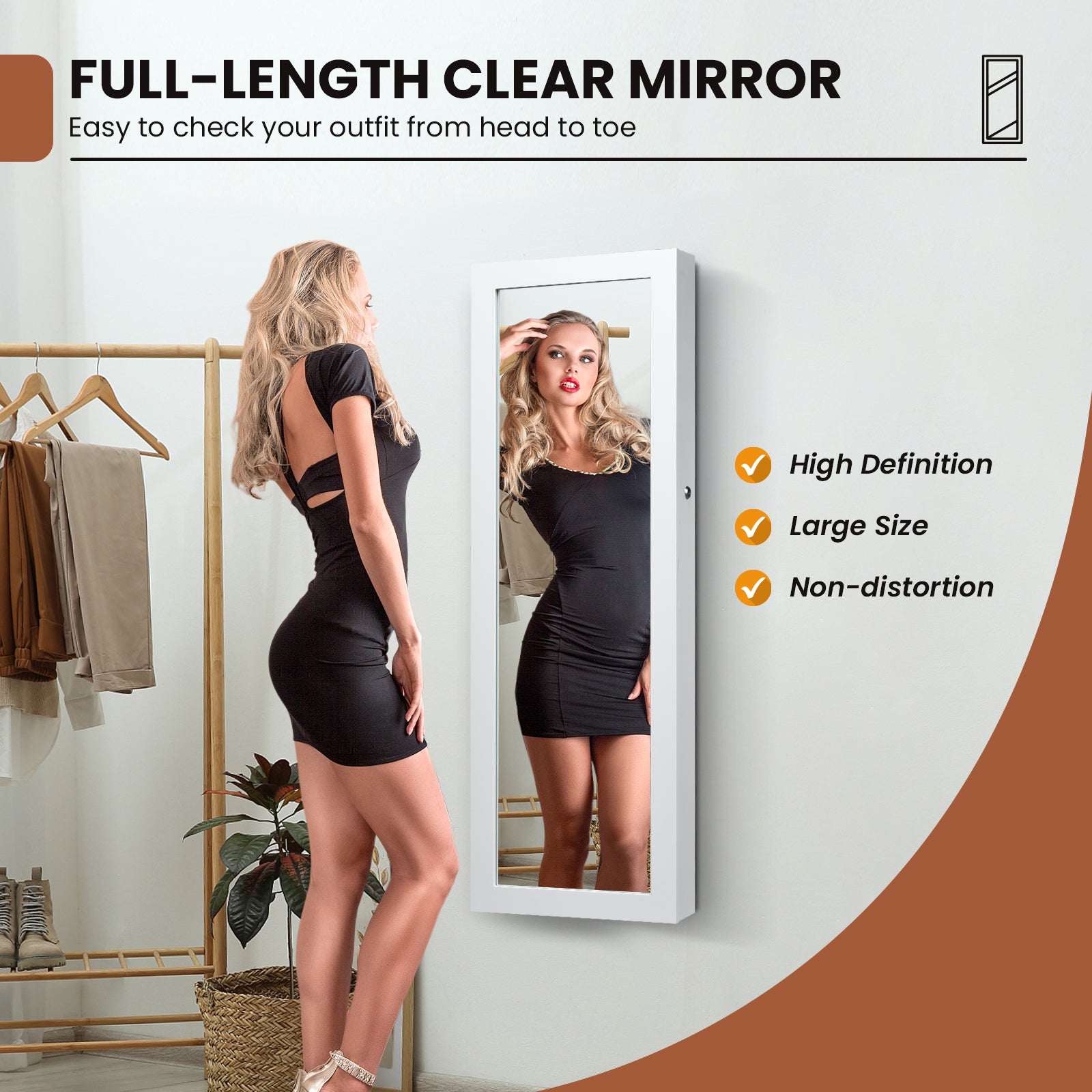 Lockable Jewelry Cabinet with Full Length Mirror and LED Lights-White