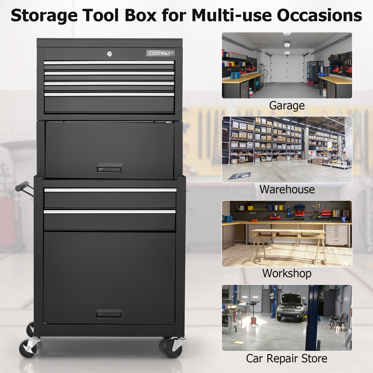 Lockable Tool Storage Cabinet with Handle, Drawers, Wheels and EVA Liner-Black