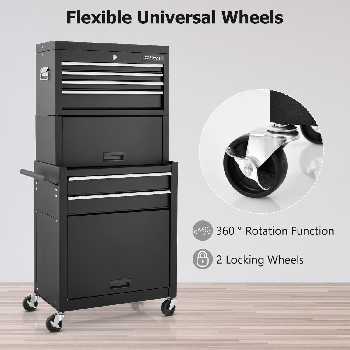 Lockable Tool Storage Cabinet with Handle, Drawers, Wheels and EVA Liner-Black