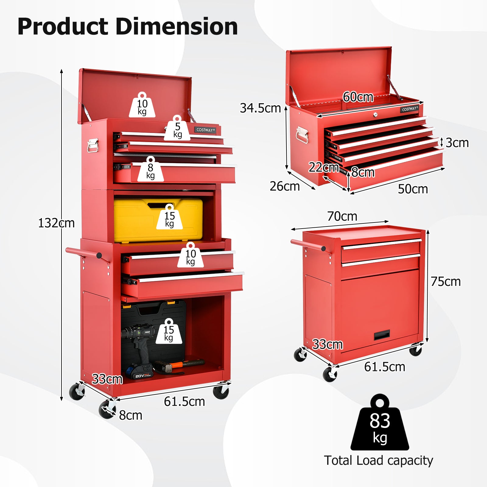 Lockable Tool Storage Cabinet with Handle, Drawers, Wheels and EVA Liner-Red &amp; Black