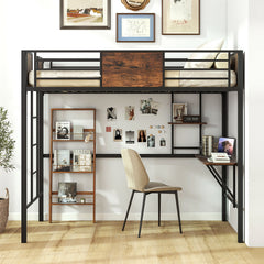 Loft Bed Single Size Heavy Duty Metal Bedframe with Desk-Rustic Brown