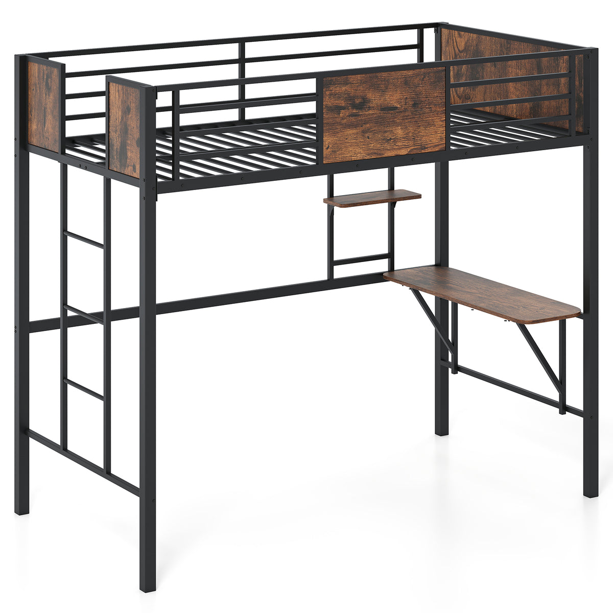 Loft Bed Single Size Heavy Duty Metal Bedframe with Desk-Rustic Brown