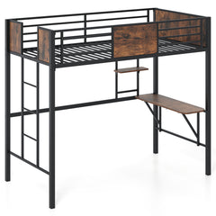 Loft Bed Single Size Heavy Duty Metal Bedframe with Desk-Rustic Brown