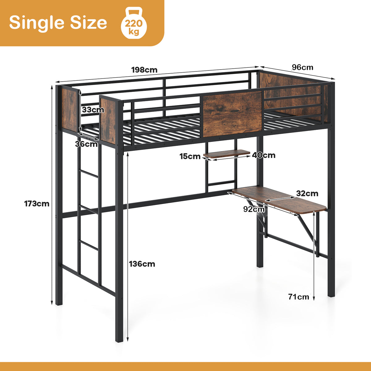 Loft Bed Single Size Heavy Duty Metal Bedframe with Desk-Rustic Brown