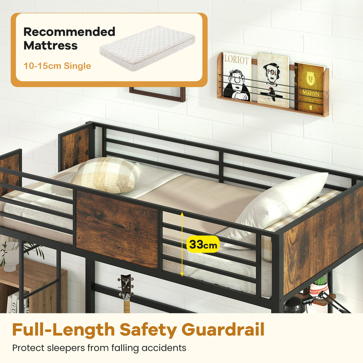 Loft Bed Single Size Heavy Duty Metal Bedframe with Desk-Rustic Brown