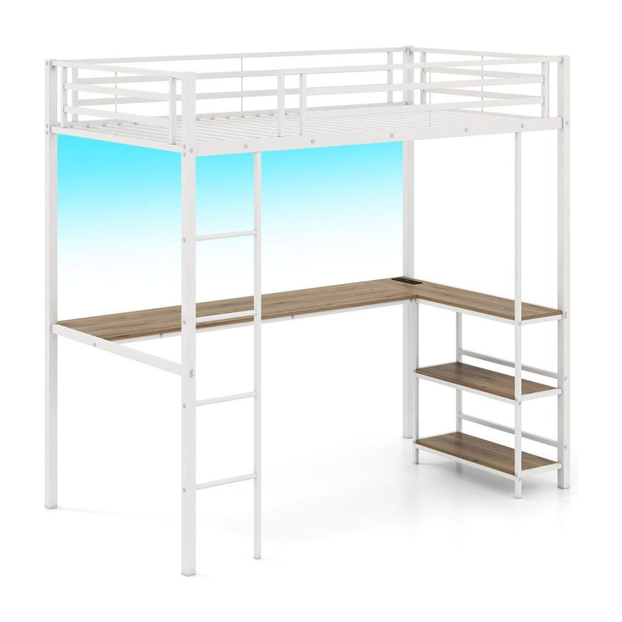 Loft Bed with Desk Single Platform Bed with LED Charging Station and Storage-White
