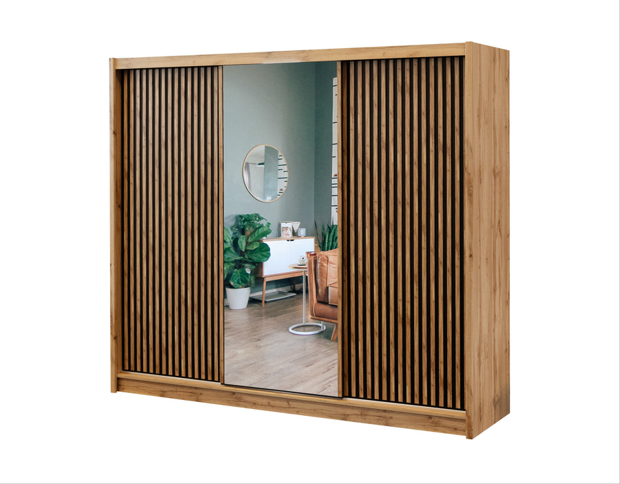 Oak Wotan / Black Mirrored Sliding Door Wardrobe 250cm – WINDSOR