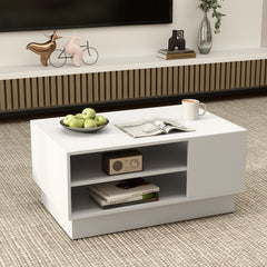 Modern Rectangle Coffee Table with 2-Tier Open Storage Shelves-White