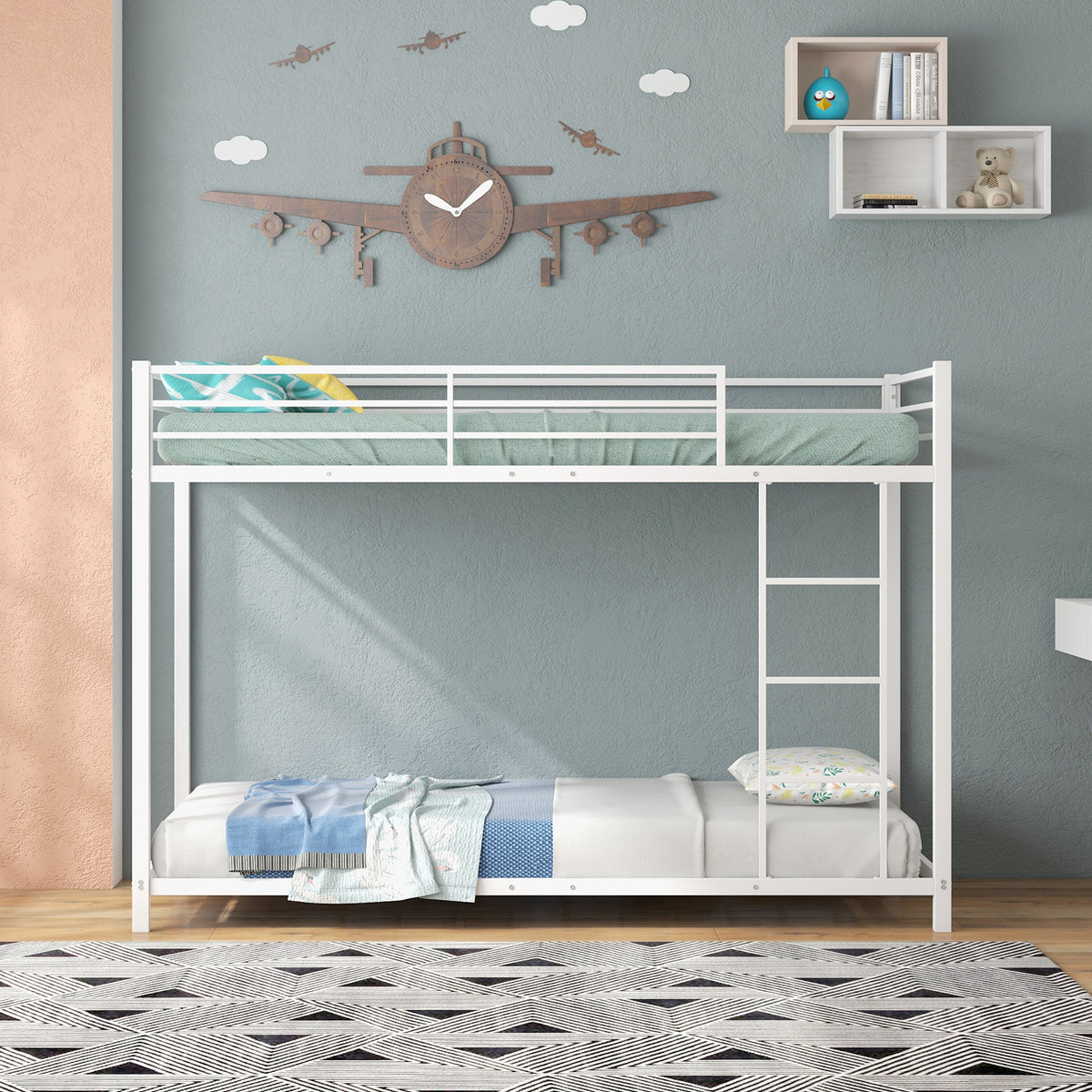 Low Profile Single Over Single Bunk Beds with Ladder and Full-length Guardrails-White