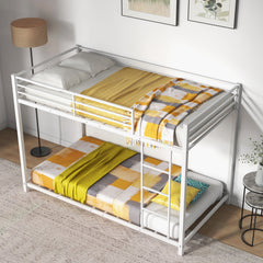 Low Profile Single Over Single Bunk Beds with Ladder and Full-length Guardrails-White