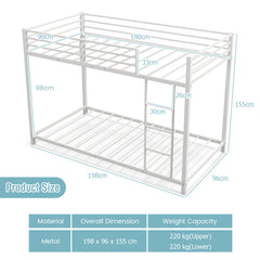 Low Profile Single Over Single Bunk Beds with Ladder and Full-length Guardrails-White