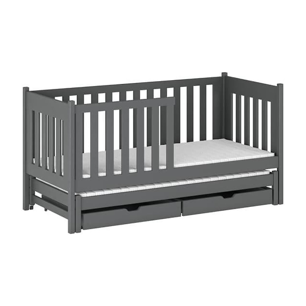 The grey Kaja single bed with trundle and storage drawers