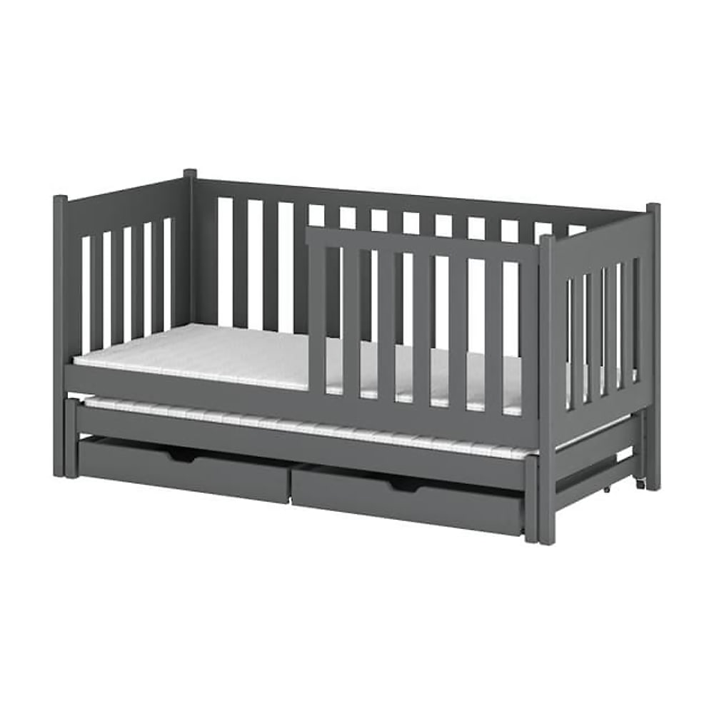 The grey kids single bed with a pull-out trundle and two storage drawers underneath