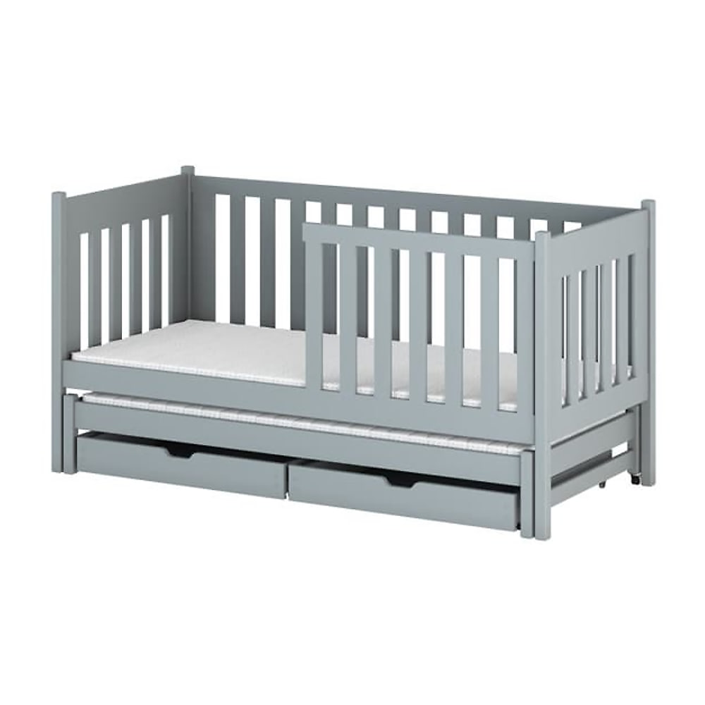 The grey kids single bed with trundle and storage drawers shown from the front