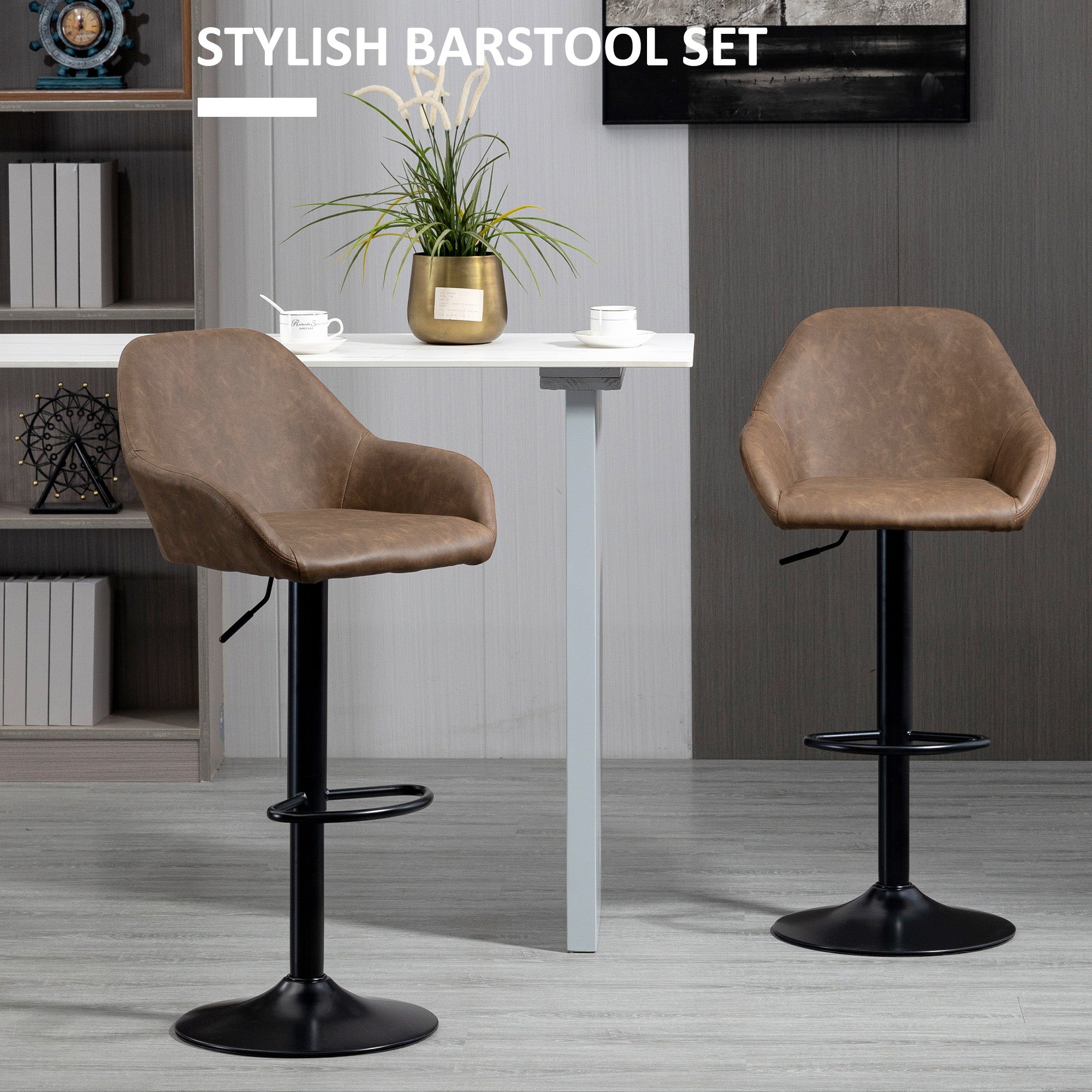 HOMCOM Bar Stools Set of 2, Height Adjustable Swivel Barstools, PU Leather Kitchen Stools with Backs, Armrests and Footrest for Home, Counter and Dining Room, Dark Brown