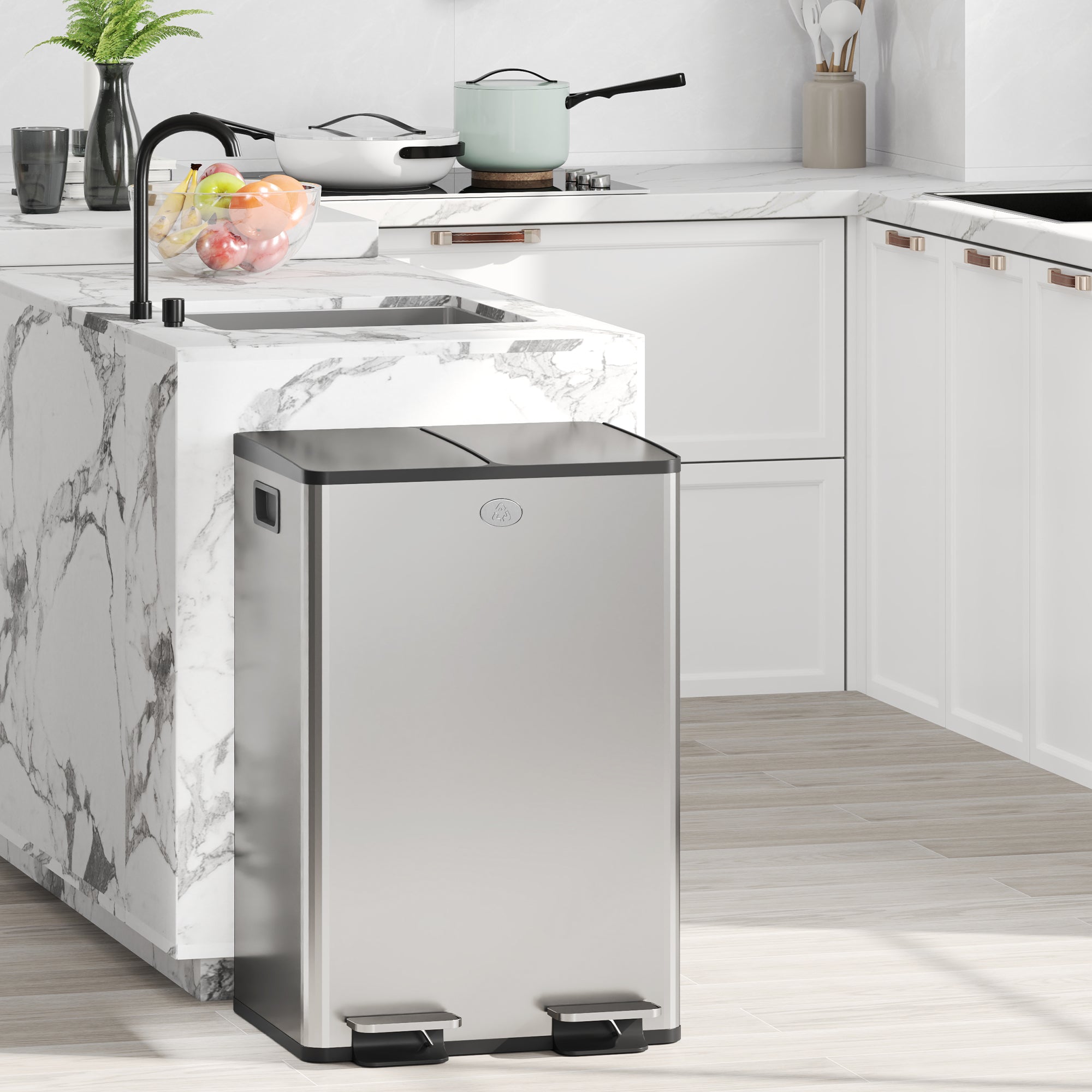 HOMCOM 56L Dual Compartment Stainless Steel Bin, with Deodoriser Holders - Silver Tone