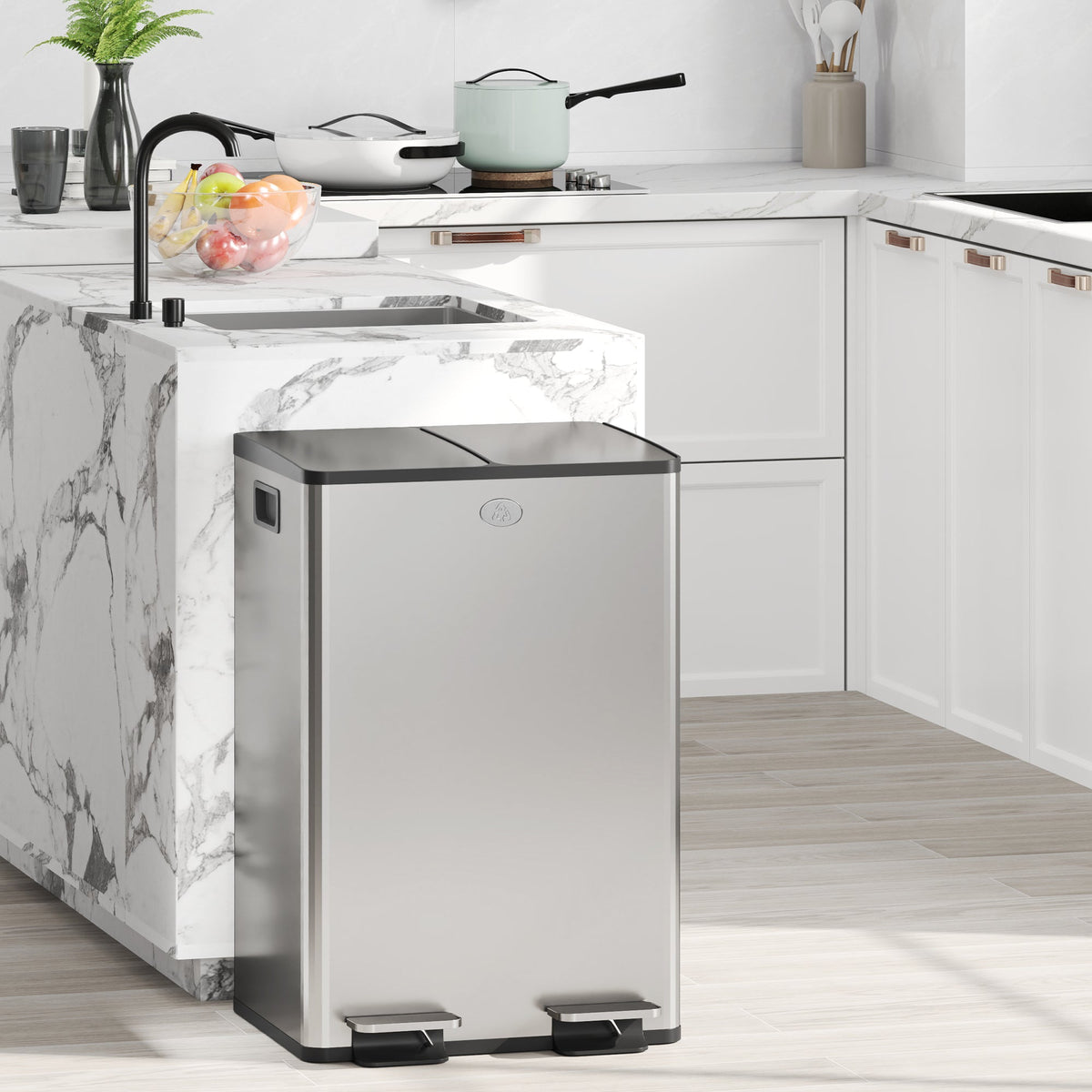 HOMCOM 56L Dual Compartment Stainless Steel Bin, with Deodoriser Holders - Silver Tone