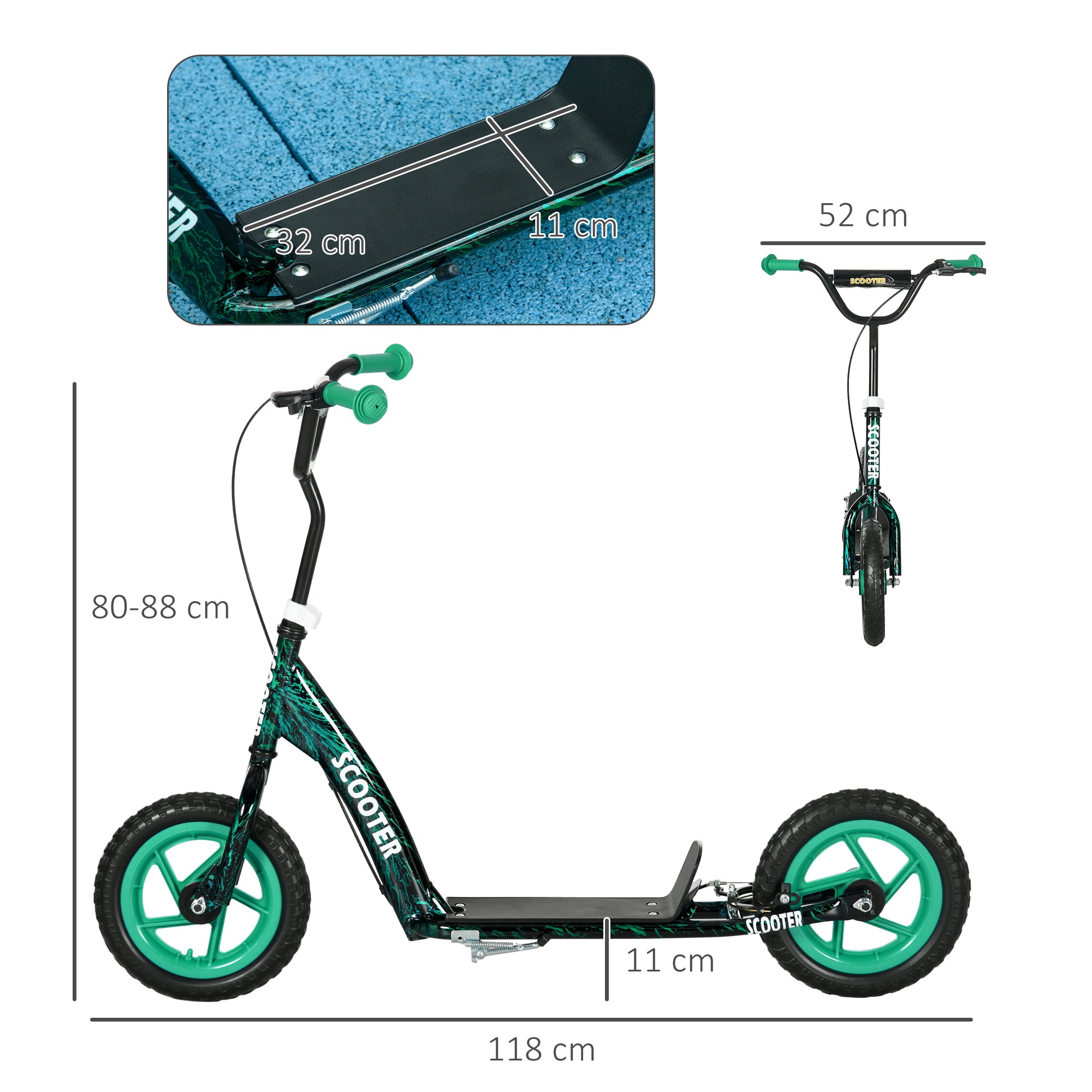 AIYAPLAY Kids Scooter with Adjustable Handlebar, Children's Kick Scooter with Non-slip Footplate, Rear Brake, Kickstand, Green