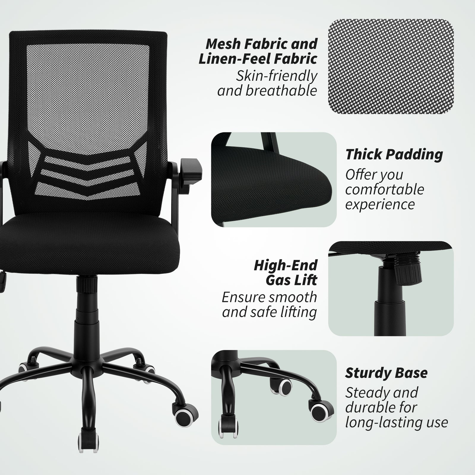 HOMCOM Modern Home Office Furniture Set, Computer Desk with Storage Shelf and Ergonomic Mesh Chair with Flip-Up Armrests, Lumbar Support, Adjustable Height, Rustic Brown and Black