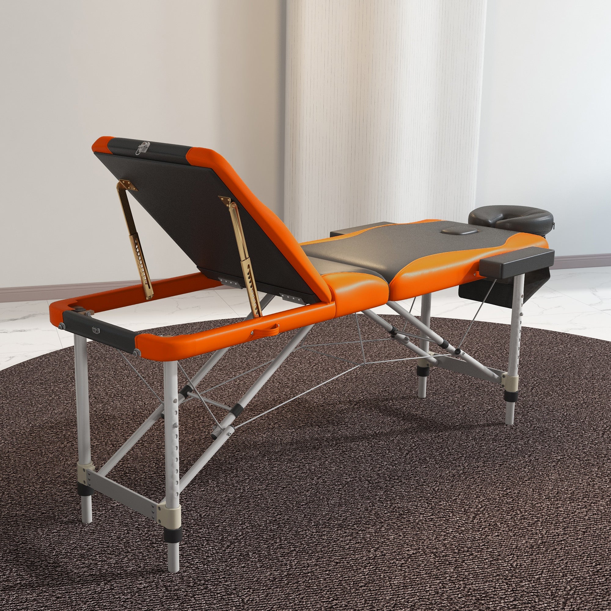 HOMCOM Foldable Massage Bed Portable Table, 3-Section Aluminium Foldable Beauty Couch, Professional Salon Spa Table with Headrest Support and Carry Bag, 60 cm Width, Black and Orange
