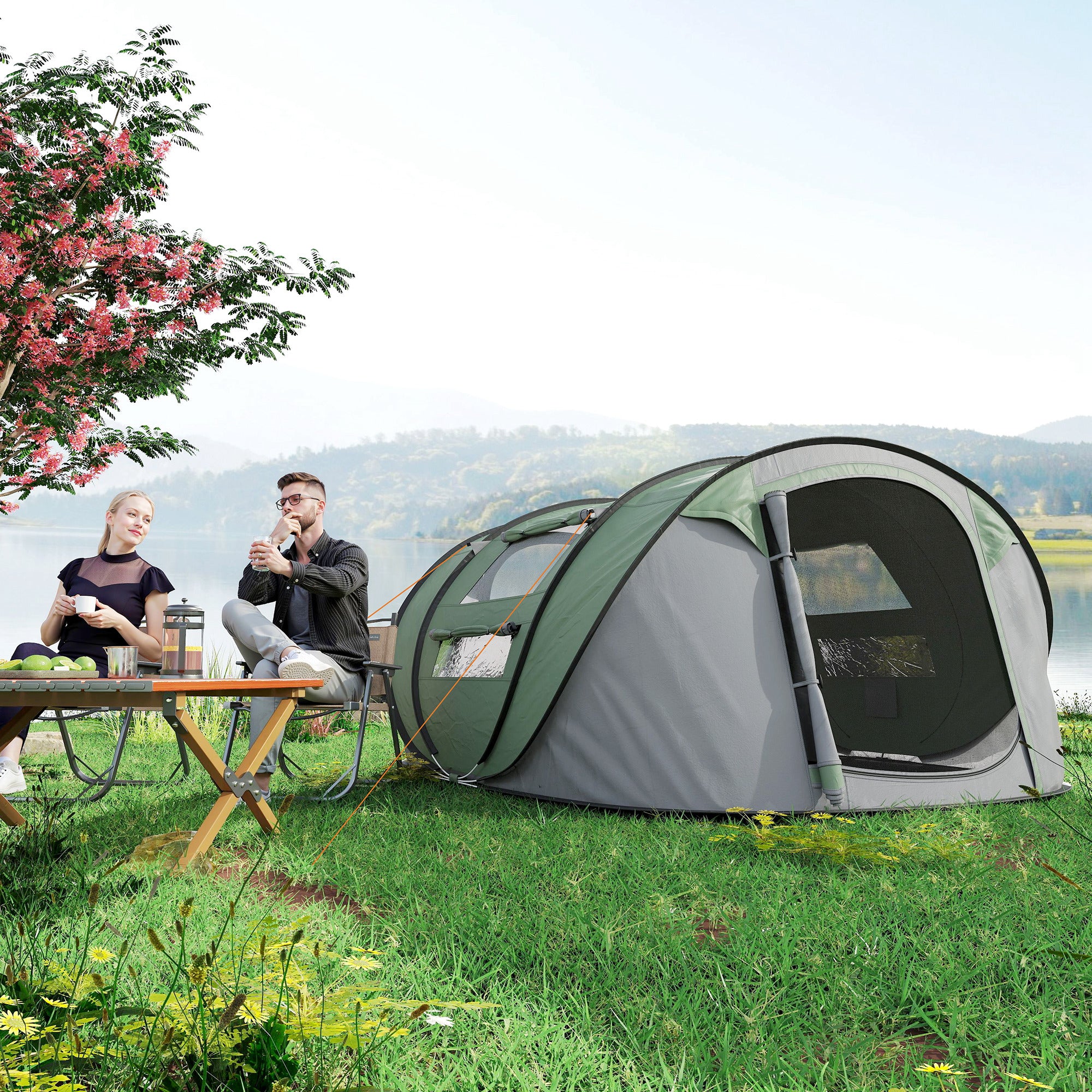 Outsunny 4 Person Pop-up Camping Tent Family Tent with Ground Sheet, 4 Windows and Portable Carry Bag for Beach Outdoor Trip, Dark Green