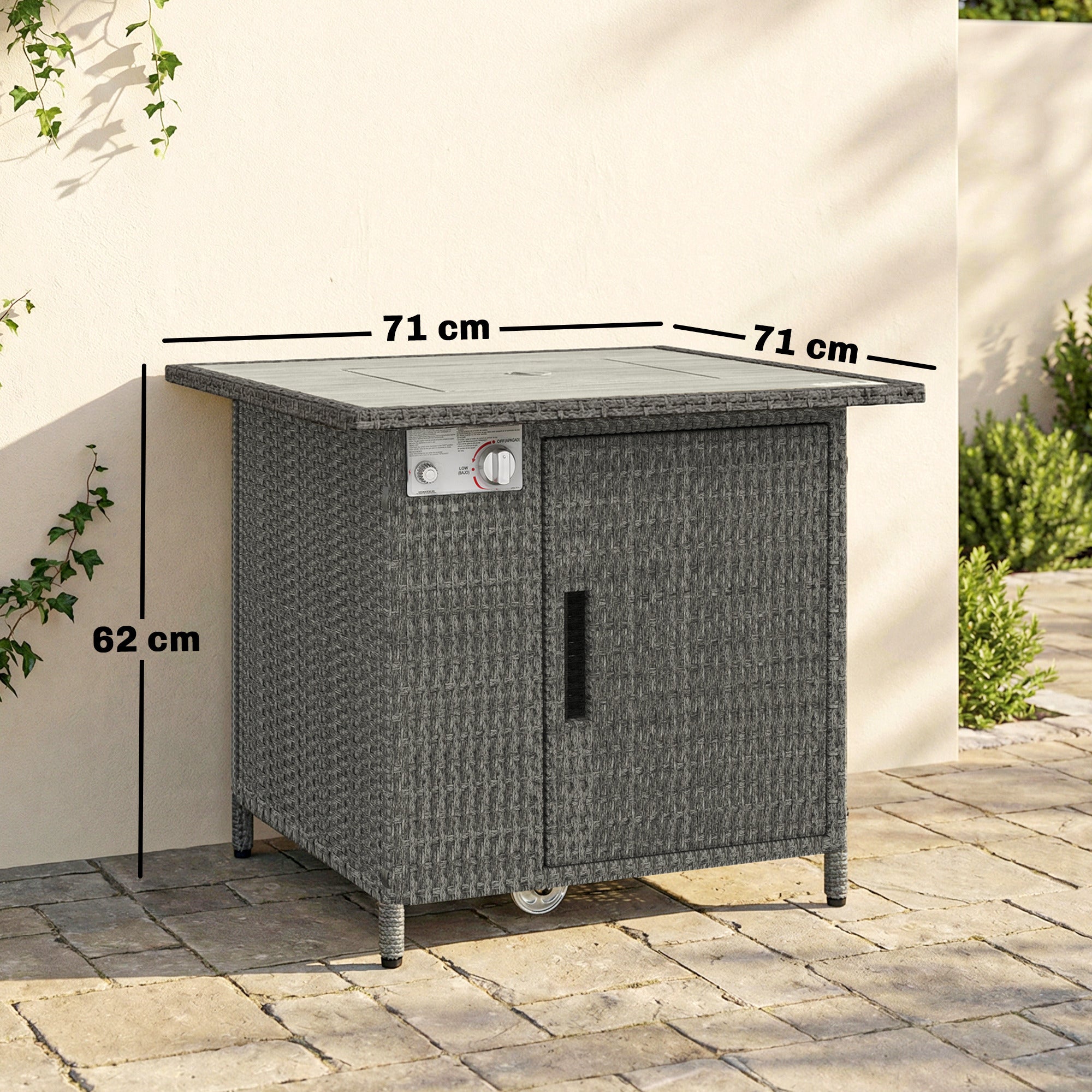 Outsunny 14.5 KW Rattan Gas Fire Pit Dining Table with Rain Cover, Wind Guard, Lid, Lava Rocks, Dark Grey