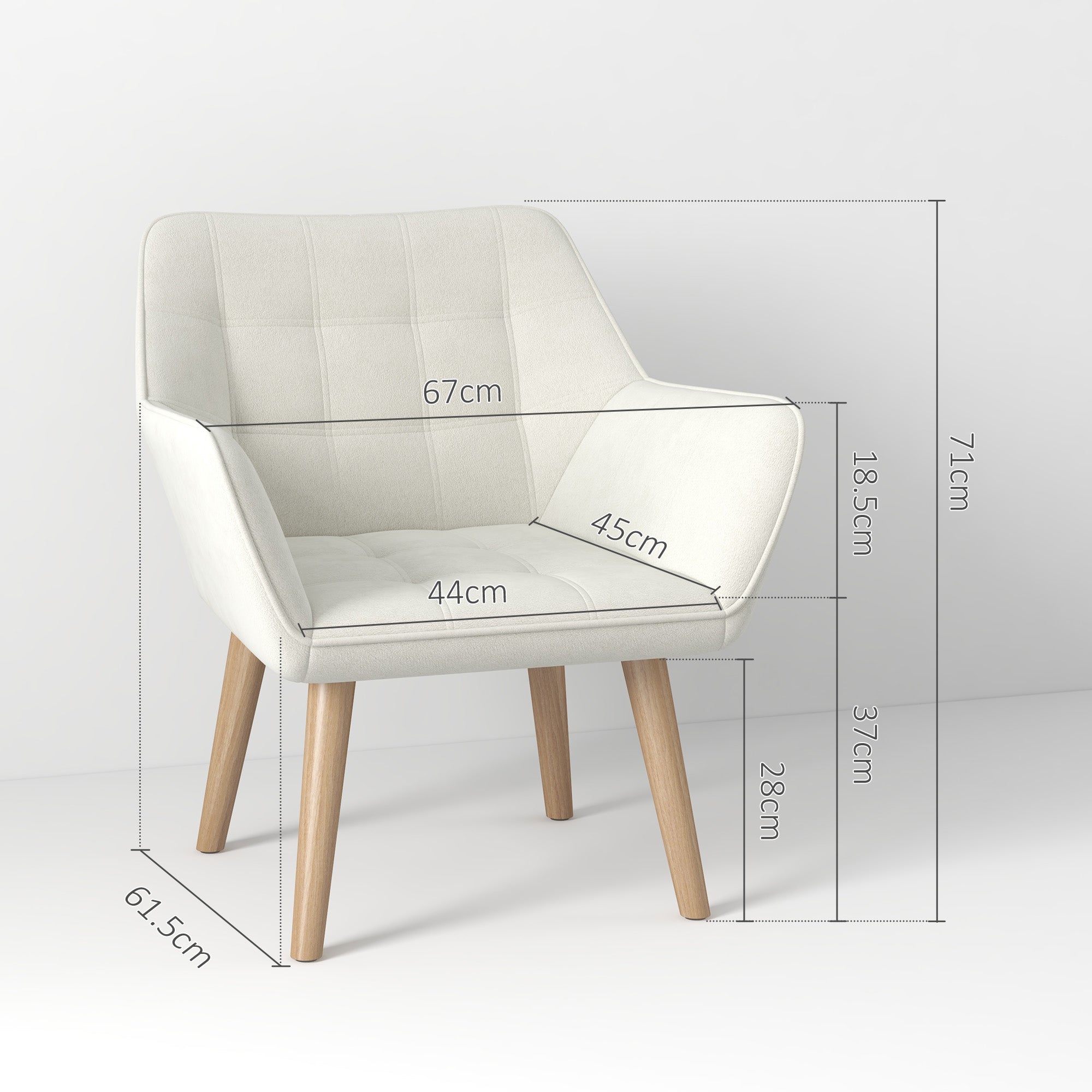 Set of 2 Accent Chair, Arm Chair with Slanted Back, Thick Padding and Rubber Wooden Legs for Living Room, Cream White