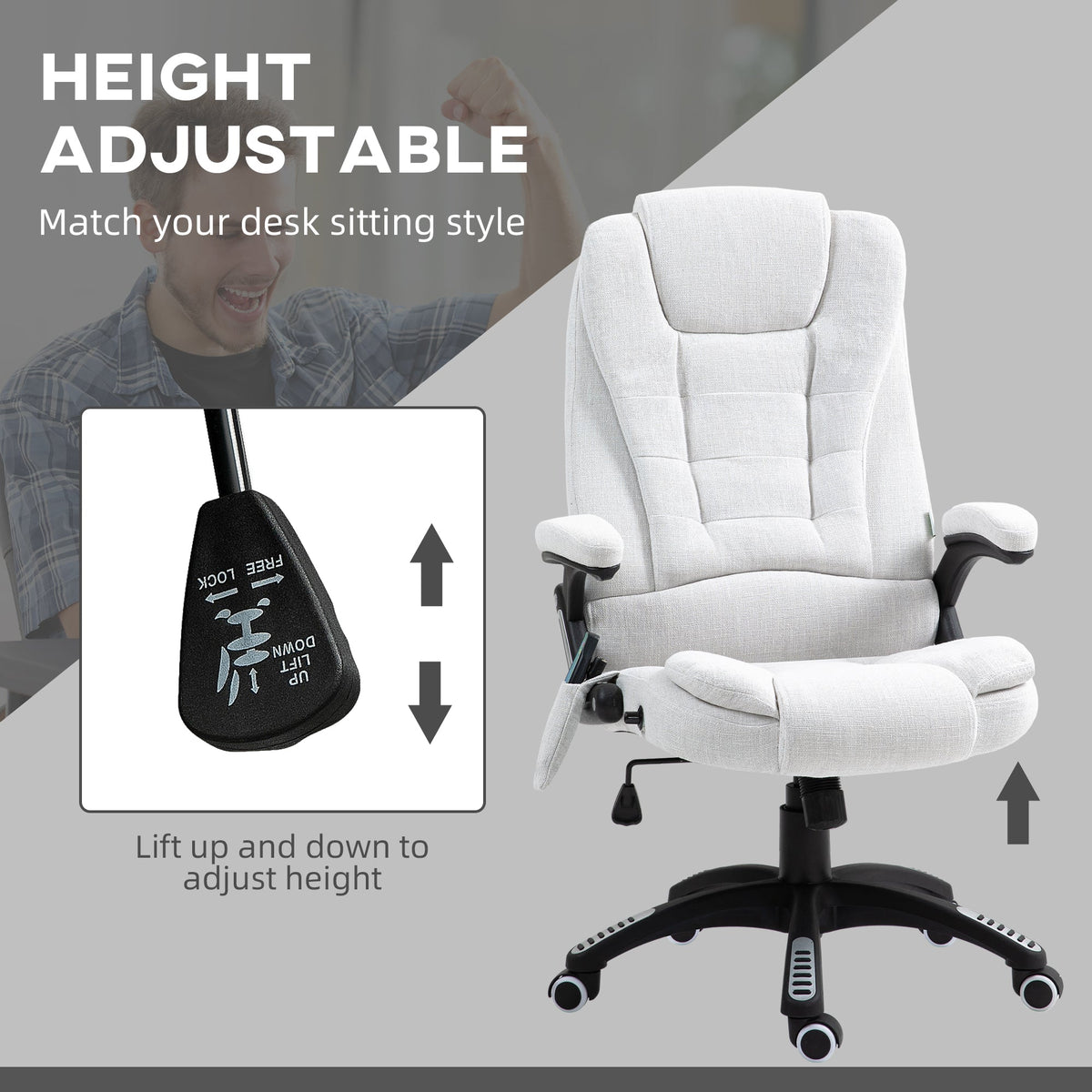 Vinsetto Massage Recliner Chair Heated Office Chair with Six Massage Points Linen-Feel Fabric 360  Swivel Wheels Cream White