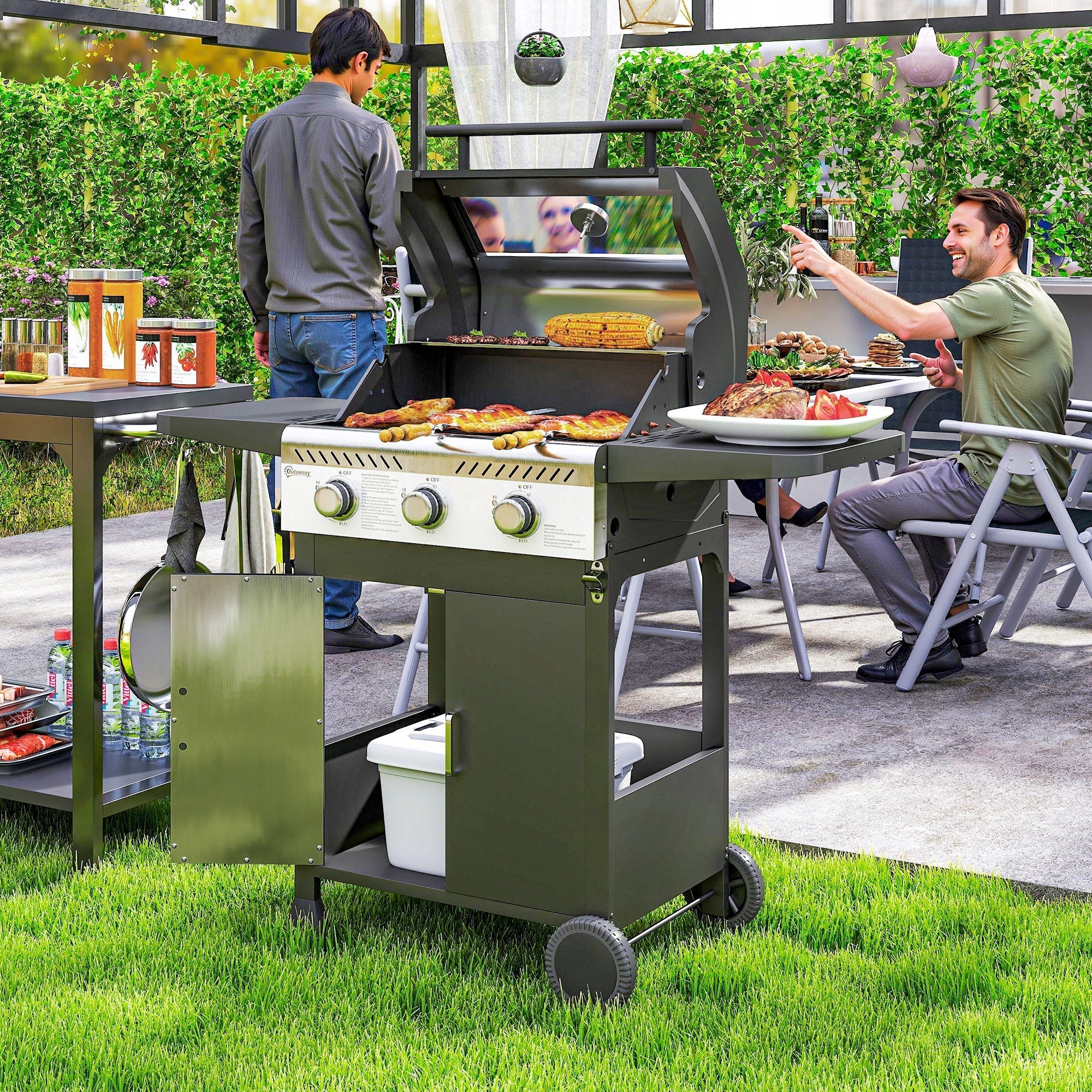 Outsunny 7.5kW Three-Burner Gas BBQ Grill, with See-Through Lid - Black