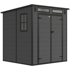 Outsunny 6 x 6 ft Plastic Garden Shed, Wood-Effect Outdoor Storage Shed with Floor, Windows, Lockable Doors and Vents, Dark Grey