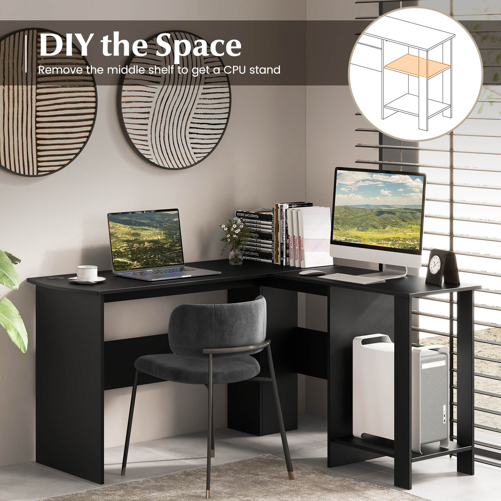 L-shaped Computer Desk with 2 Storage Shelves-Black