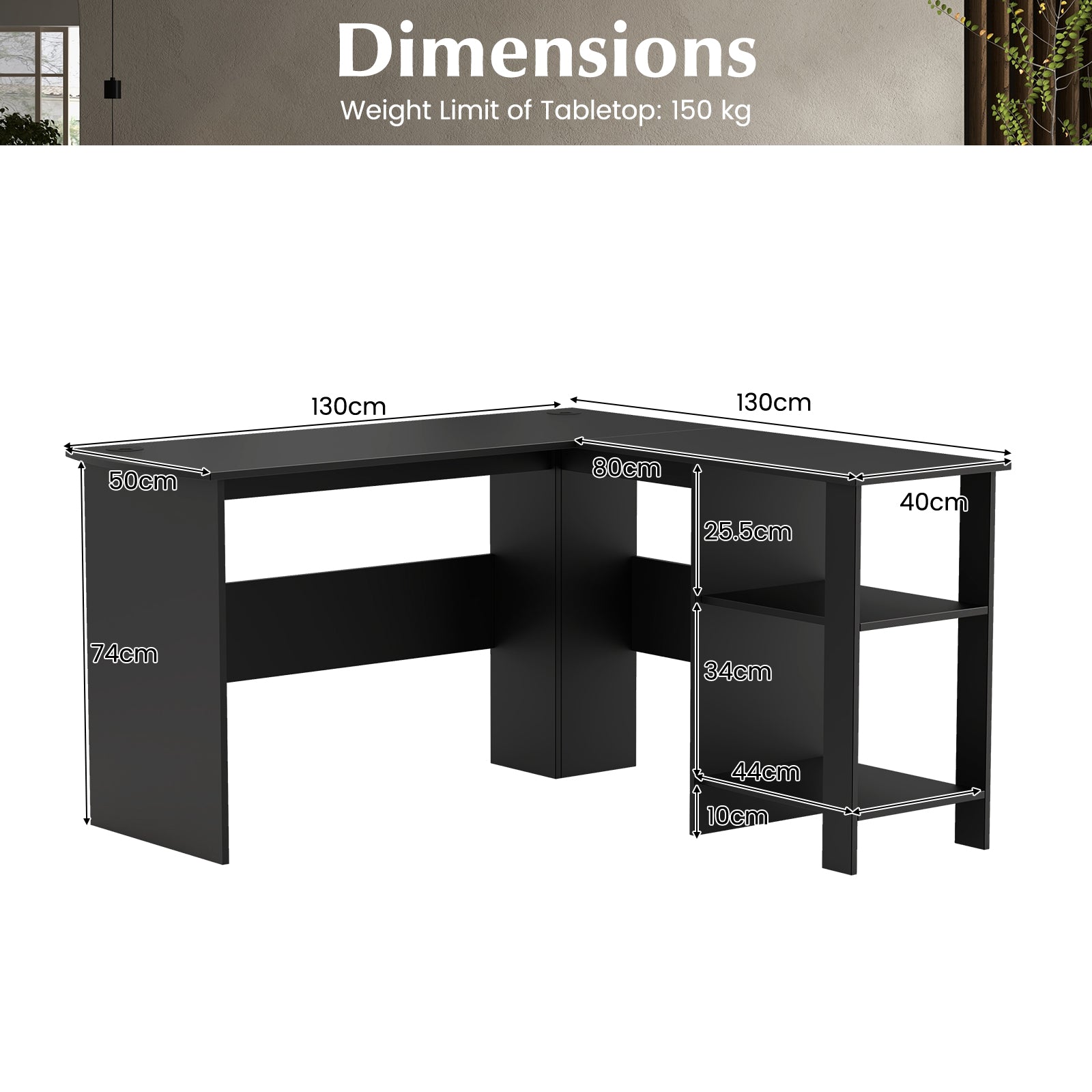 L-shaped Computer Desk with 2 Storage Shelves-Black