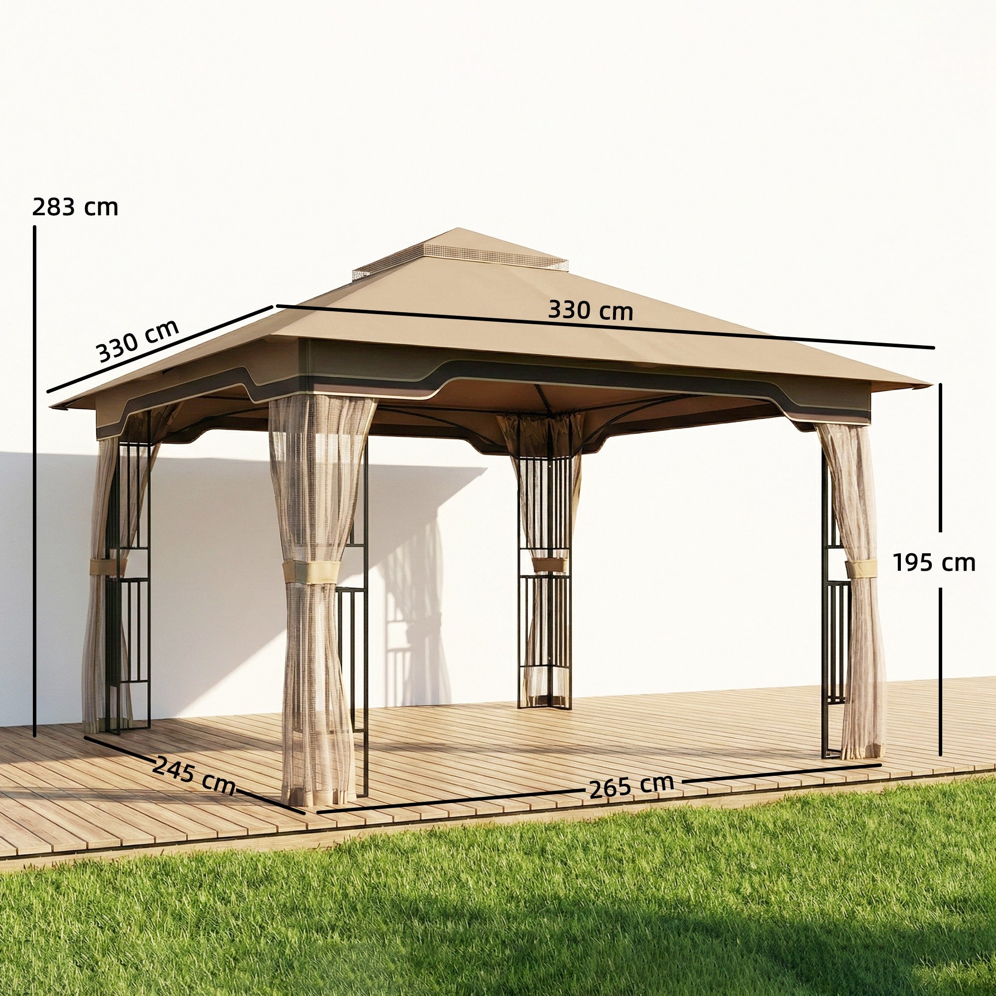 Outsunny 3.3 x 3.3 m Outdoor Garden Gazebo with Post Shelves, UPF50+ Patio Permanent Pavilion with Hook, Khaki