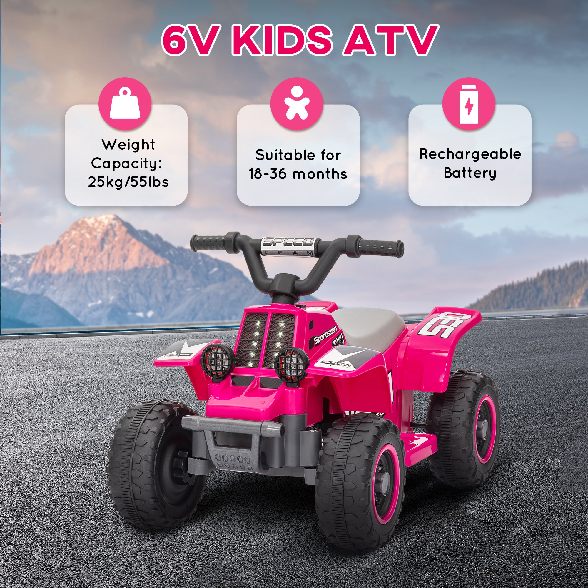 AIYAPLAY 6V Electric Quad Bike for Kids, Ride On ATV w/ Forward/Reverse, Headlights, for Ages 18-36 Months, Pink