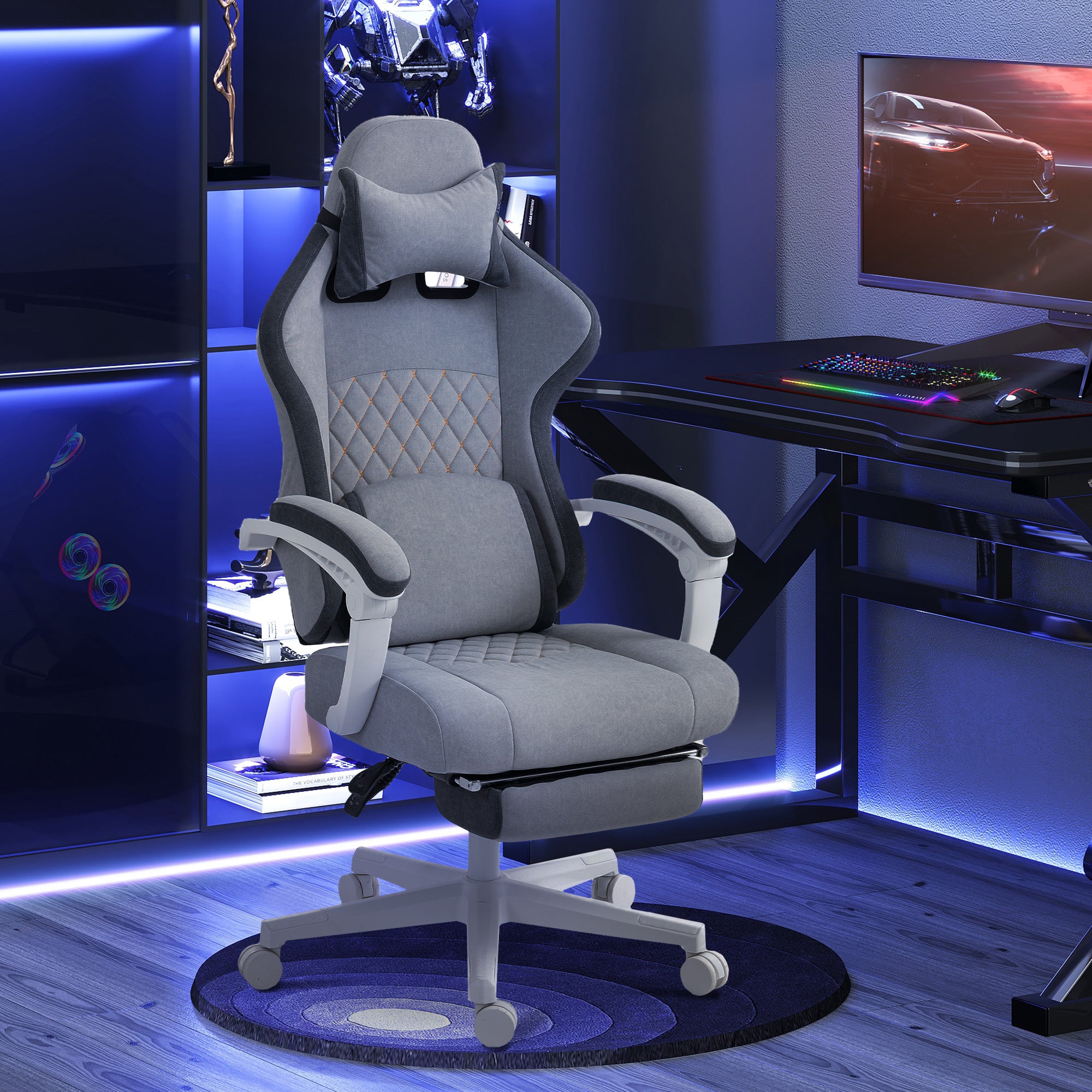 HOMCOM Ergonomic High Back Gaming Chair for Adults, Printed Velvet Computer Recliner Chair with Footrest, Lumbar Support, Adjustable Height and 360√Ç¬∞ Swivel Seat for Office or Gaming, Grey