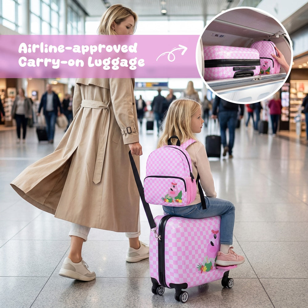 A woman and child with a pink and white checkered kids luggage set at an airport