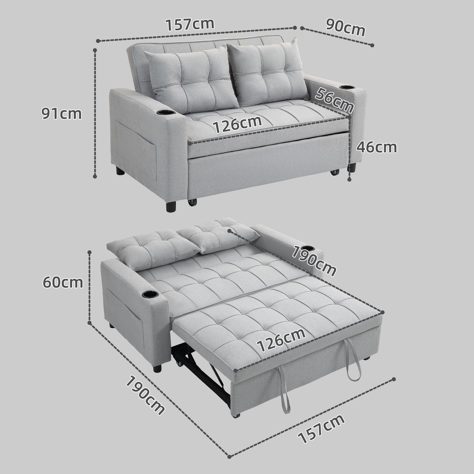 HOMCOM Two-Seater Pull-Out Sofa Bed - Light Grey