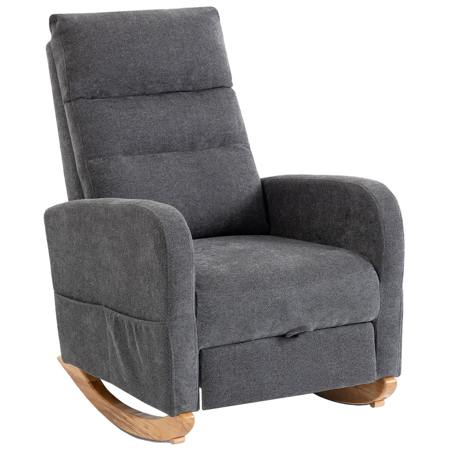 HOMCOM Upholstered Rocking Chair Retractable Footrest Rocker Chair High Back for Living Room Grey