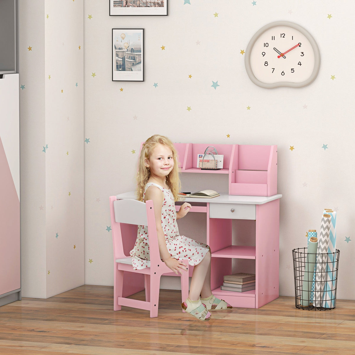 ZONEKIZ Two-Piece Kids Desk and Chair Set with Storage, for Ages 5-8 Years - Pink