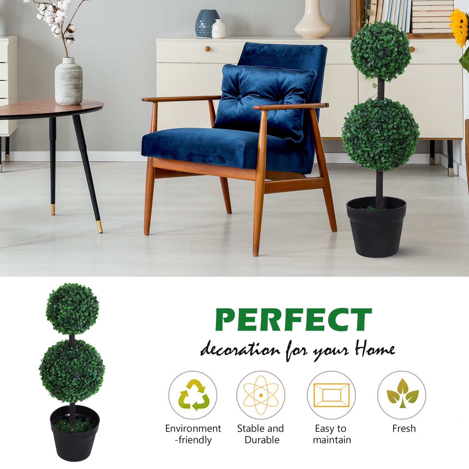 Outsunny Set of 2 Artificial Boxwood Ball Topiary Trees Potted Decorative Plant Indoor D√É¬©cor (67cm)