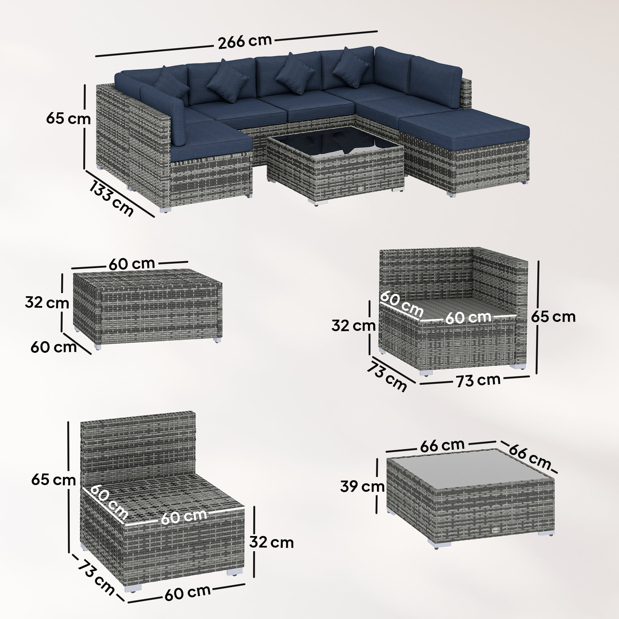 Outsunny 8 Pieces PE Rattan Corner Sofa Set, Outdoor Garden Furniture Set, Patio Wicker Sofa Seater w/ Cushion, Dark Blue