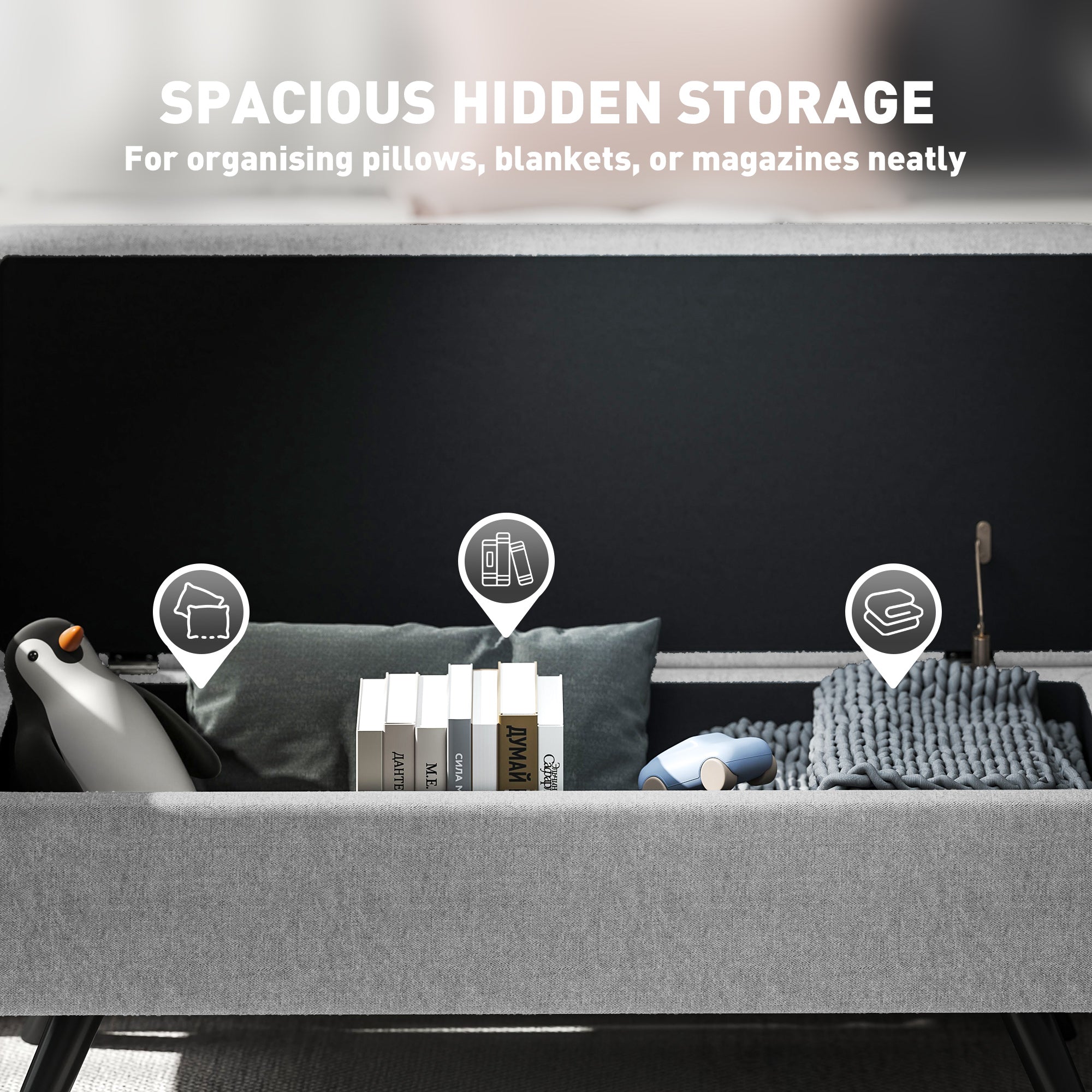 HOMCOM Storage Ottoman with Armrest, Upholstered Linen Storage Bench, Window Seat with Rubberwood Legs, Footstool for Bedroom Living Room, Hallway, Dark Grey