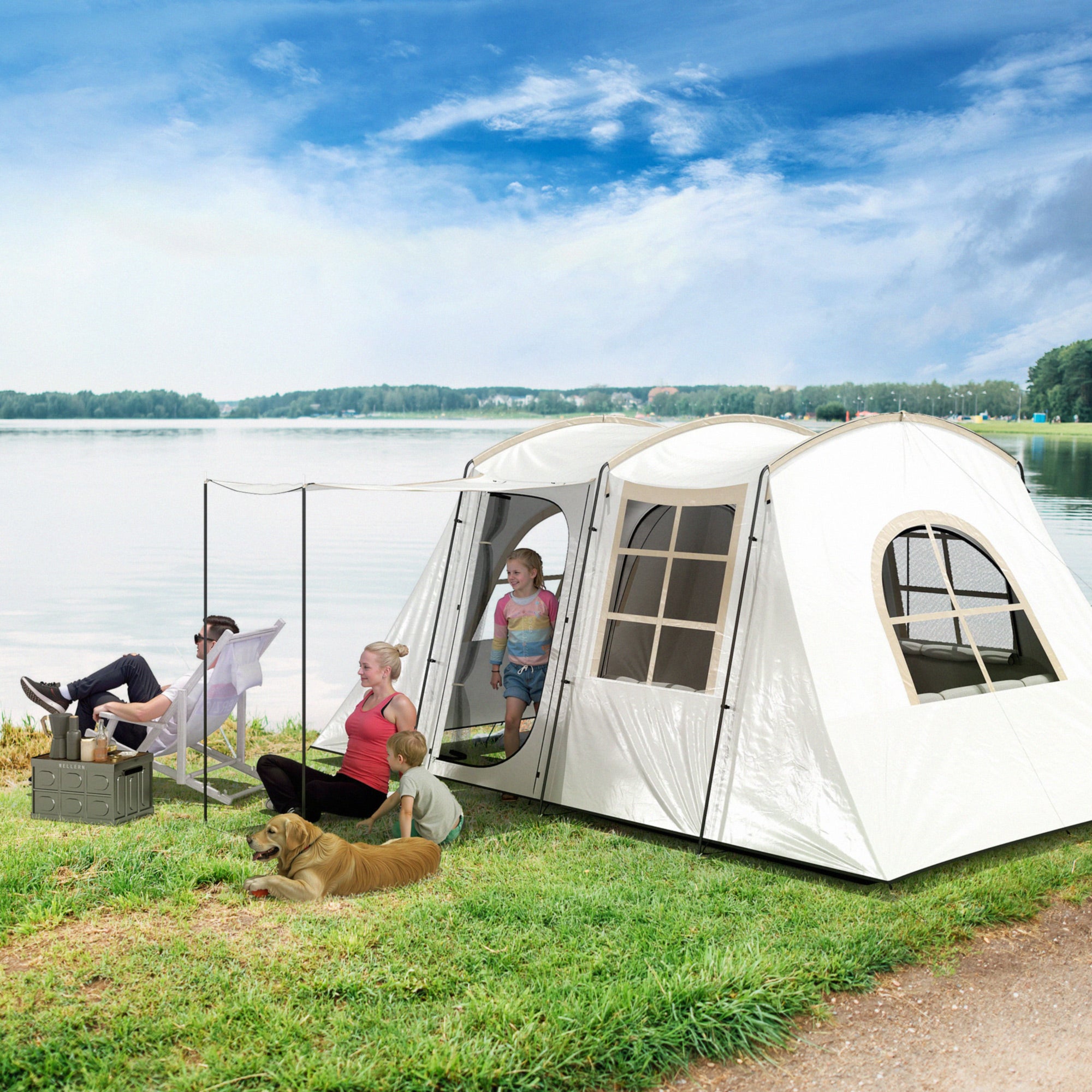 Outsunny 4 Man Tunnel Tent, Family Camping Tent with Porch, Bedroom and Living Area, Sewn in Groundsheet, 3000mm Waterproof, Portable with Bag for Hiking, Festival, Backpacking, Khaki