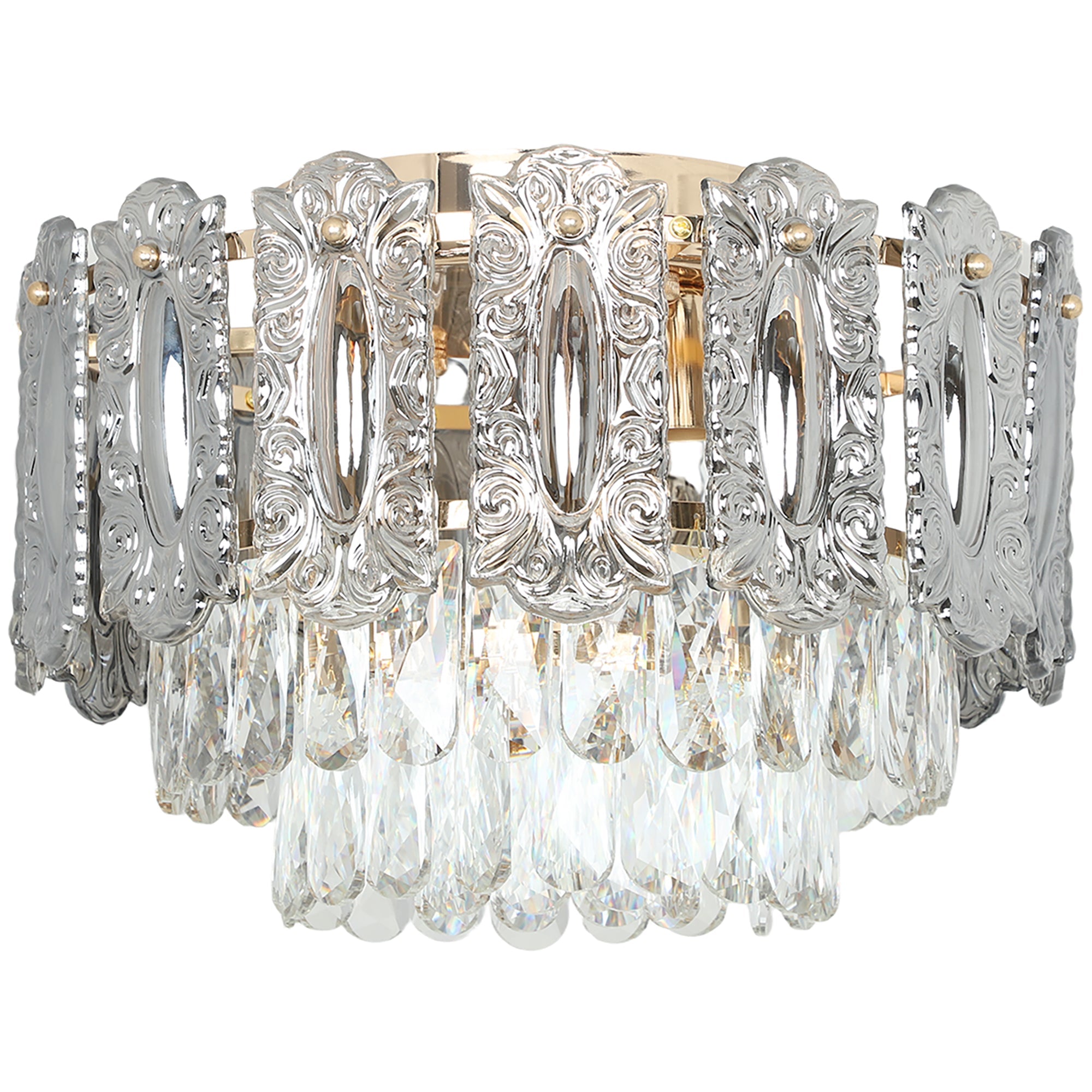 HOMCOM Chandelier Ceiling Light, 3-Light Vintage Flush Mount Fixture with Dual Crystal and Smoke Glass Shade, LED Ceiling Light for Living Room Bedroom, 3 E27 Sockets, Bulbs Not Included, Gold Tone