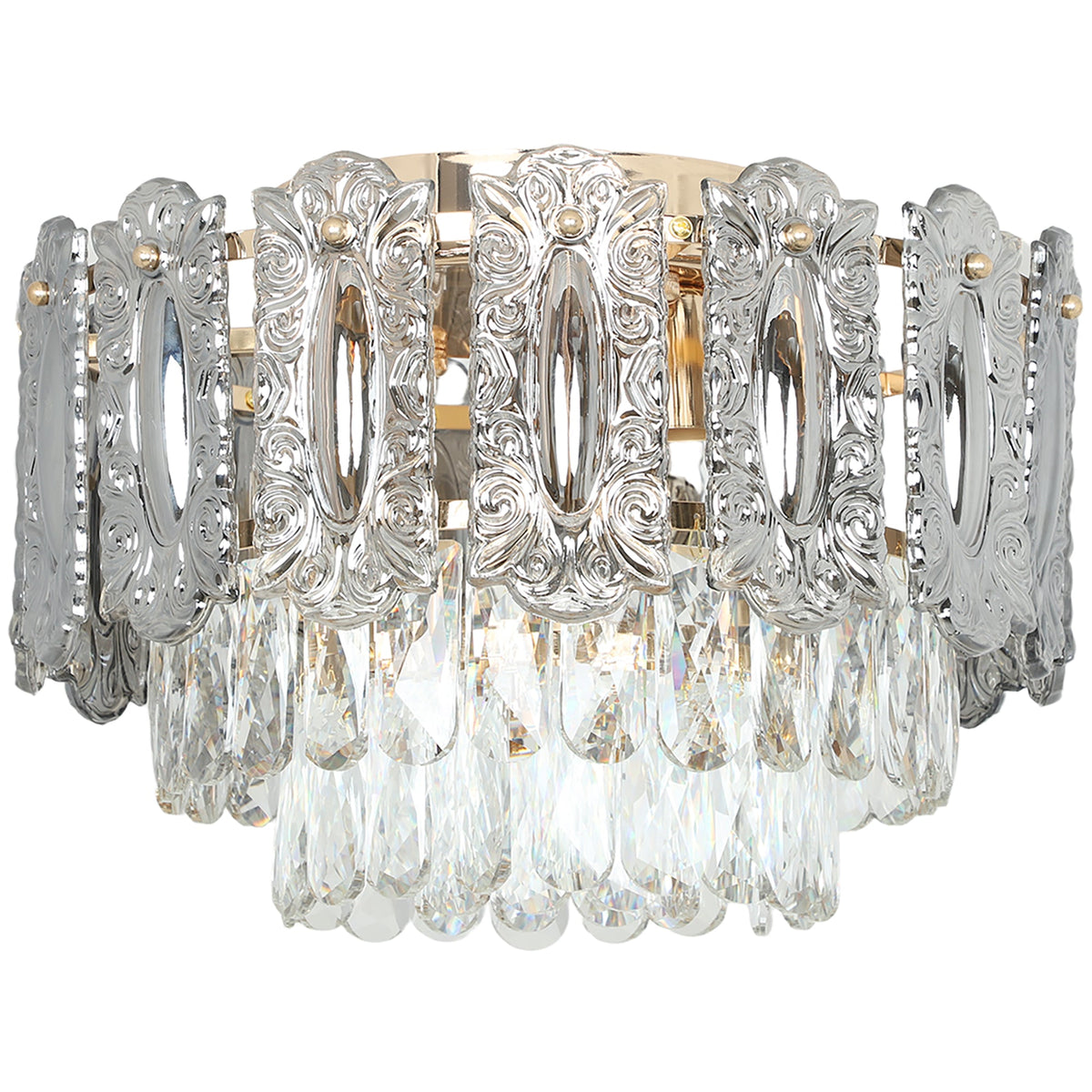 HOMCOM Chandelier Ceiling Light, 3-Light Vintage Flush Mount Fixture with Dual Crystal and Smoke Glass Shade, LED Ceiling Light for Living Room Bedroom, 3 E27 Sockets, Bulbs Not Included, Gold Tone