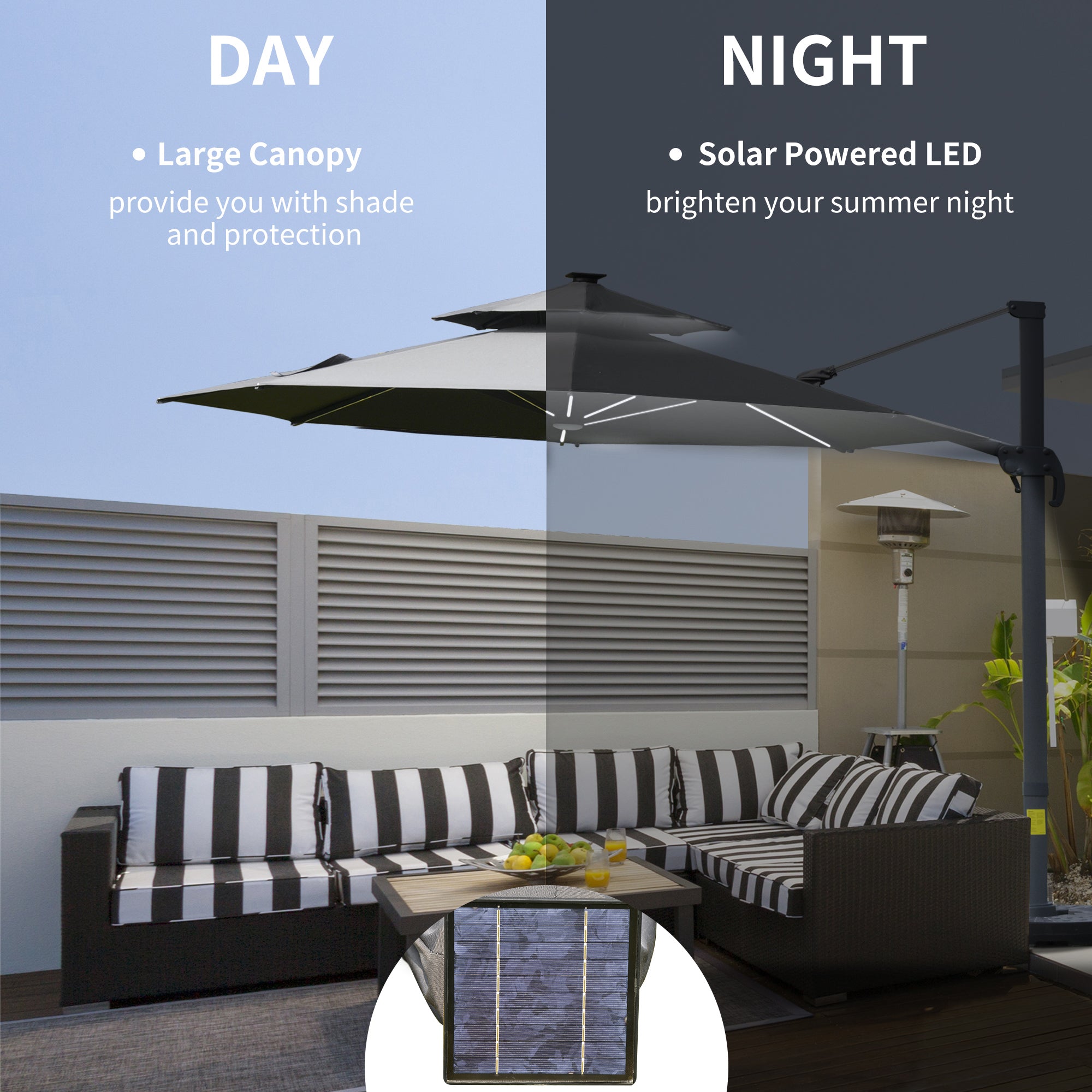 Outsunny 3m Cantilever Parasol w/ Solar Lights Power Bank Base 360√Ç¬∞ Spin Dark Grey