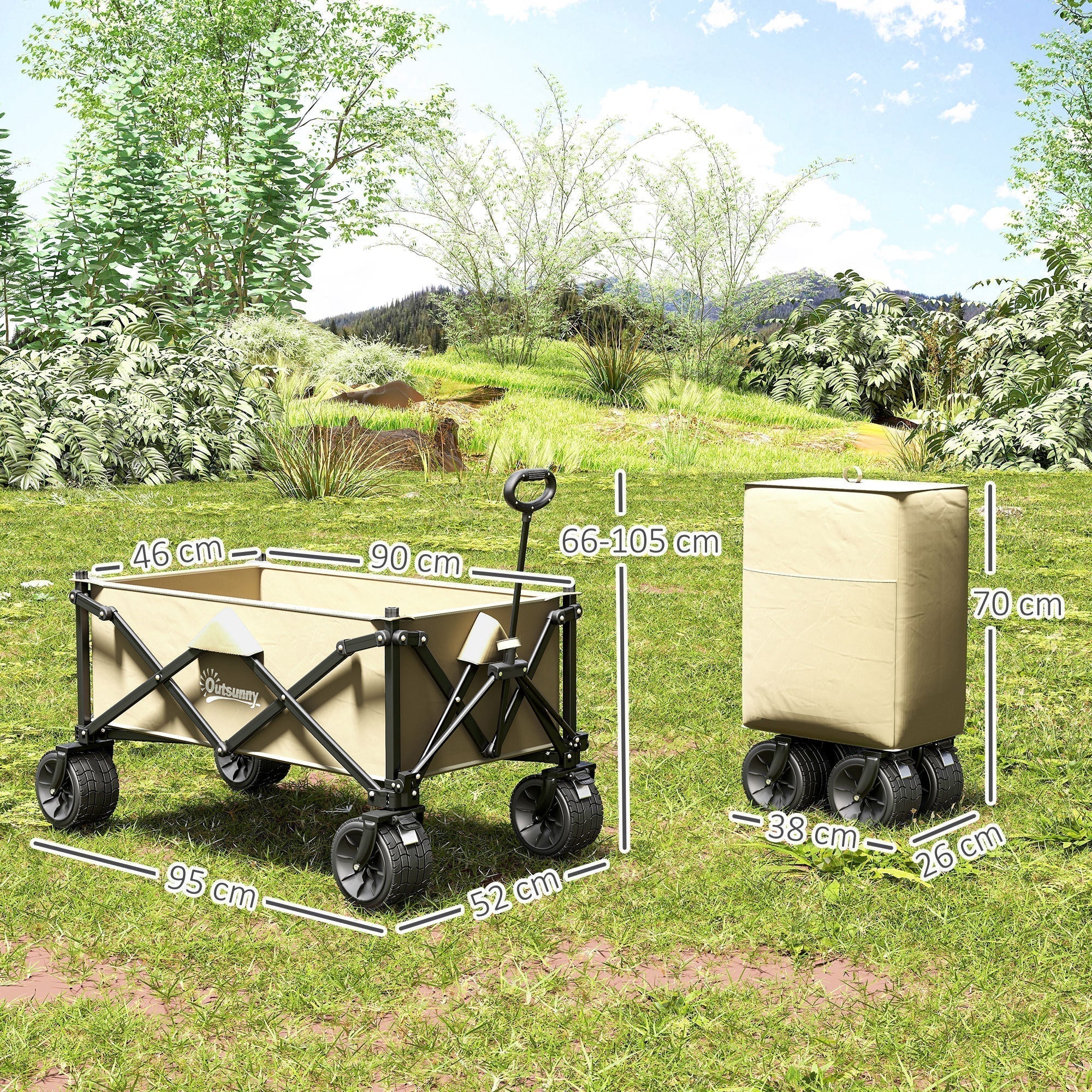 Outsunny Folding Garden Trolley, Outdoor Wagon Cart with Carry Bag, for Beach, Camping, Festival, 120KG Capacity, Khaki